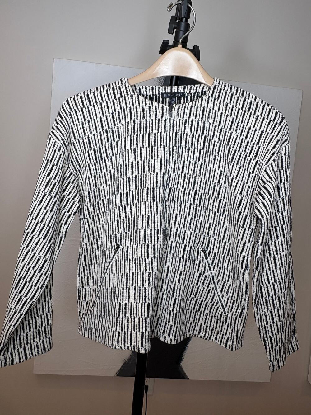 Eileen Fisher Textured Cotton Spandex Zip Front Jacket - Italian Fabric